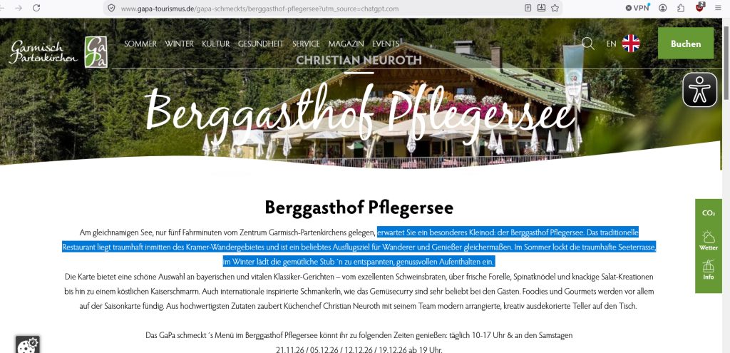 „Der Berggasthof Pflegersee ist ein besonderes Kleinod, welches traumhaft inmitten des Kramer-Wandergebietes liegt. Er ist ein beliebtes Ausflugsziel für Wanderer und Genießer gleichermaßen. Im Sommer lockt die traumhafte Seeterrasse, im Winter lädt die gemütliche Stub´n zu entspannten, genussvollen Aufenthalten ein….“ (O-Ton: GaPa-Tourismus)